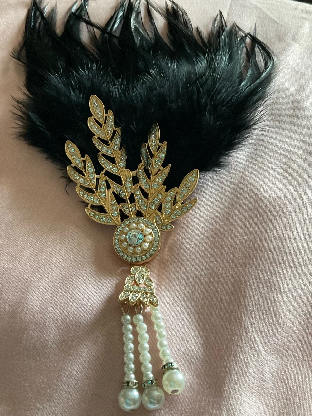 Handmade Flapper Feather Rhinestone Pearl Art Deco Brooch. Was flapper Headband.